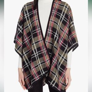 EUC Trina Turk Scotland Plaid Women's Sweater Poncho Pink Yellow Black Margot SM